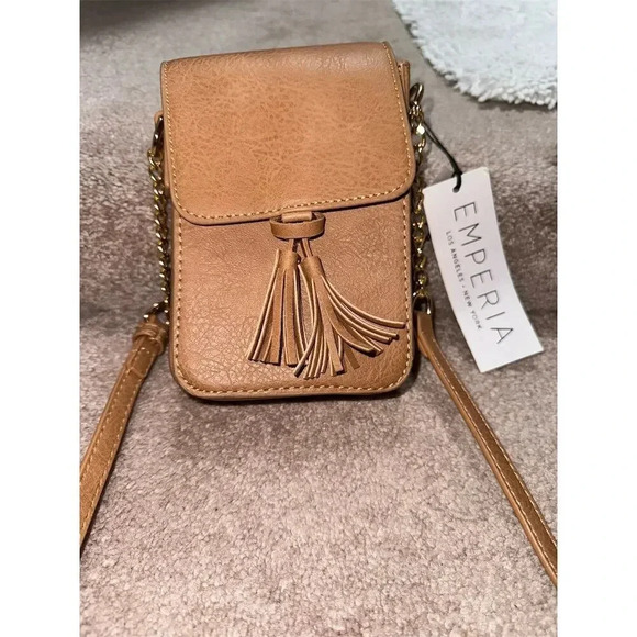 Emperia Vegan Leather Mini Crossbody Bag Brown with Tassel Adjustable Strap - Picture 3 of 9